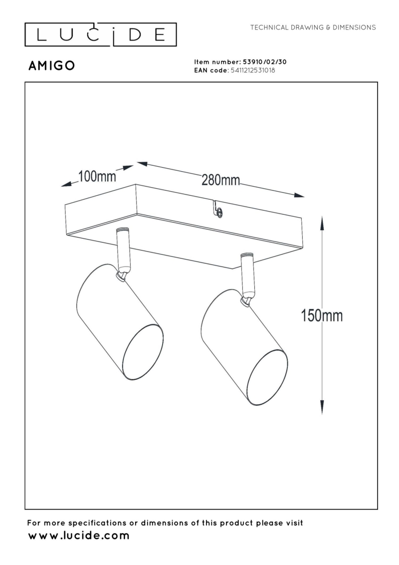 Lucide AMIGO - Ceiling spotlight - 2xGU10 - Black